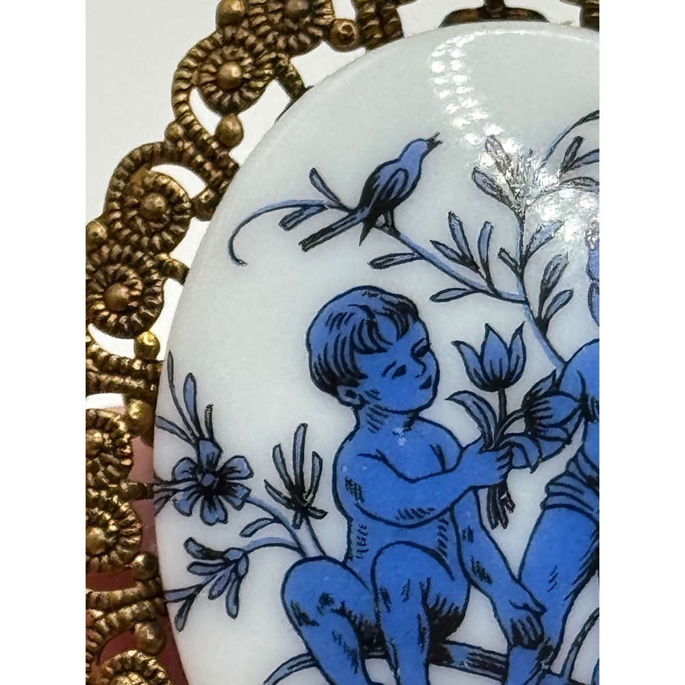 Vintage West Germany Brooch Blue and White Ceramic Cherub Pin - Picture 2 of 15